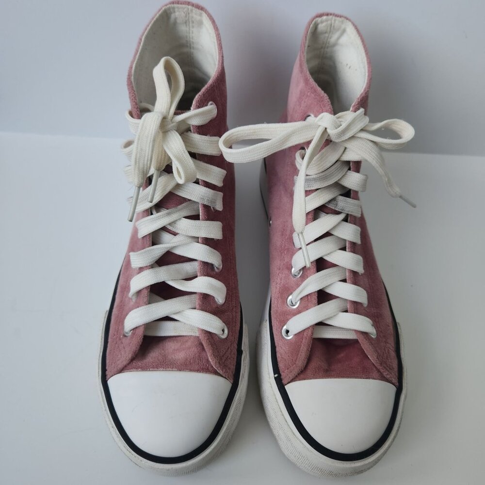 Dusty Pink Velvet Platform High Top Sneakers Chunky Summer Feminine Casual Cute - Picture 2 of 8
